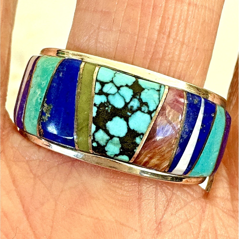 Navajo Wedding Band Sz 12.5 Inlay Turquoise Blue Lapis Ring 12mm Mens Hozho VY